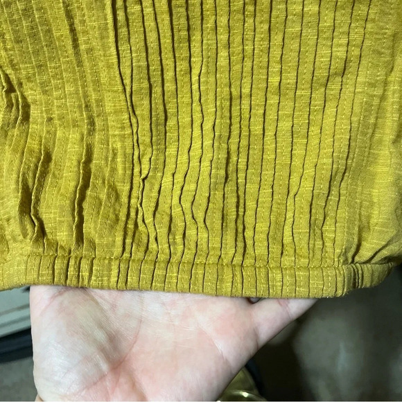 PrAna ~ Mustard Yellow Organic Cotton Blend Top with Tie and Pleating Stitching - Picture 4 of 9